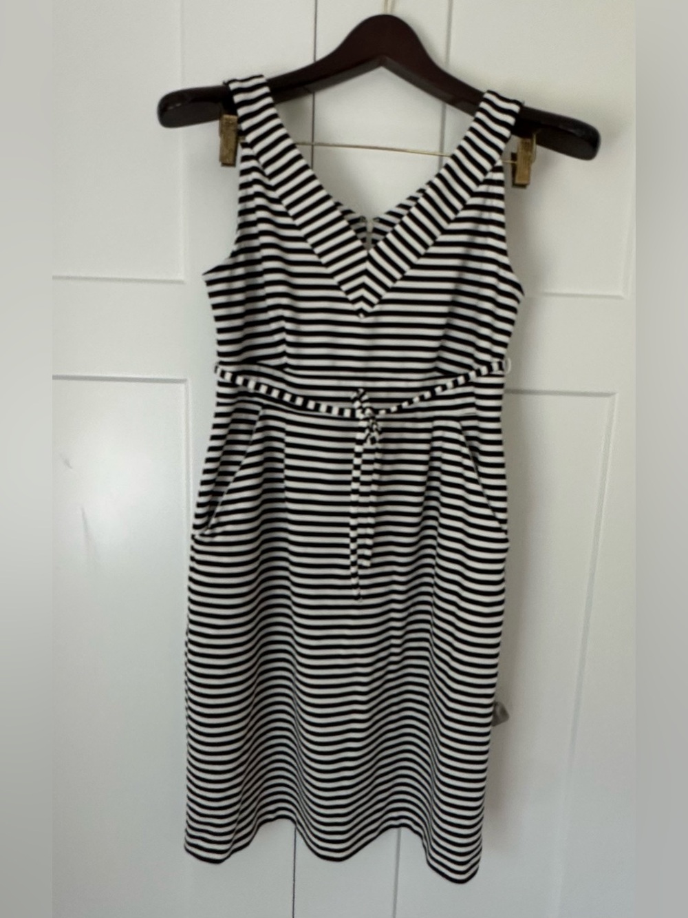 Motherhood Black & White Striped V-Neck Belted Midi Dress